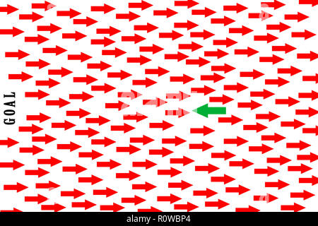 Plusieurs flèches rouges pointant à droite direction et flèche verte en direction opposée au milieu pointant vers un but signe sur fond blanc Banque D'Images