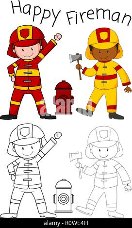 Doodle heureux caractère pompier illustration Illustration de Vecteur
