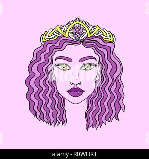 Doodle visage de filles. Violet femmes portrait. Vector illustration. Illustration de Vecteur