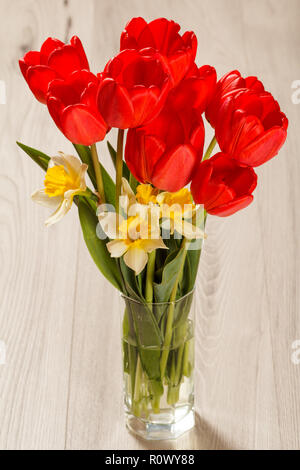 Bouquet de tulipes rouges et jaunes jonquilles en vase en verre sur un bureau en bois gris Banque D'Images