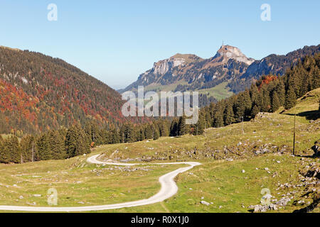 Sunny, l'été dernier jours dans l'Appenzeller Sämtis avec vue sur la vallée de Hoher Kasten station et de l'antenne de l'Alpstein, Furgglenalp, Alpes Appenzell Banque D'Images