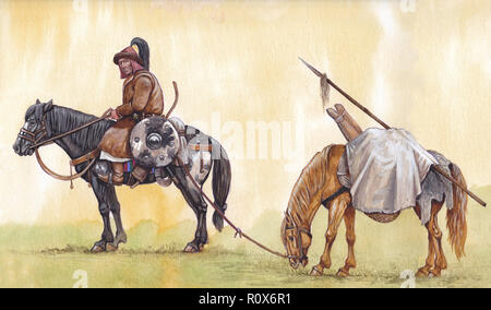 Cavalier mongol avec chevaux.Illustration historique.Illustration chevalier monté au Moyen-Age. Banque D'Images