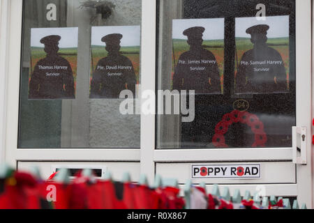 Une maison dans Station Road, Aldridge en Walsall qui s'est tranformé en route de pavot comme près de 100 maisons ont été décorées avec 24 000 coquelicots rouges et silhouette des statues de soldats à l'honneur des gens qui ont vécu et ont perdu la vie dans la Première Guerre mondiale. Banque D'Images