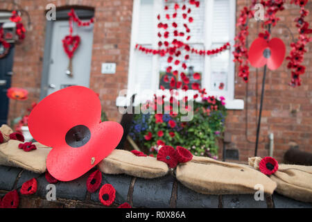 Une maison dans Station Road, Aldridge en Walsall qui s'est tranformé en route de pavot comme près de 100 maisons ont été décorées avec 24 000 coquelicots rouges et silhouette des statues de soldats à l'honneur des gens qui ont vécu et ont perdu la vie dans la Première Guerre mondiale. Banque D'Images