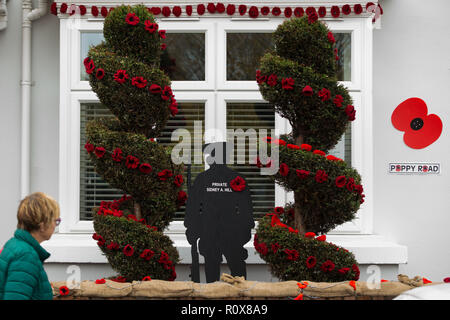 Une maison dans Station Road, Aldridge en Walsall qui s'est tranformé en route de pavot comme près de 100 maisons ont été décorées avec 24 000 coquelicots rouges et silhouette des statues de soldats à l'honneur des gens qui ont vécu et ont perdu la vie dans la Première Guerre mondiale. Banque D'Images