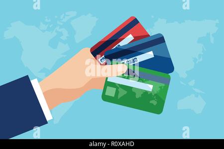 Vecotr d'un businessman hand holding credit cards. Illustration de Vecteur