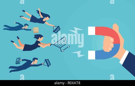 Vecteur d'un homme d'affaires part avec aimant qui attire des clients différents avec des sacs et des chariots. Illustration de Vecteur