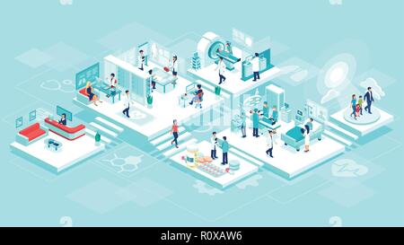 Vecteur de isométrique d'une clinique médicale de soins hospitaliers avec des chambres, les patients, les médecins et infirmières. La technologie des soins de santé et d'imagerie conce Illustration de Vecteur