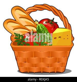 Panier pique-nique avec des produits alimentaires, des légumes frais, fromage, pain frais isolé sur fond blanc. Cartoon Vector illustration close-up. Illustration de Vecteur