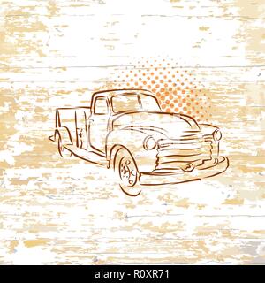 Vintage pickup sur fond de bois. Vector illustration dessinée à la main. Illustration de Vecteur