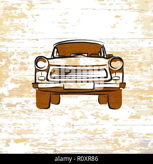 Icône de voiture allemande Vintage sur fond de bois. Vector illustration dessinée à la main. Illustration de Vecteur