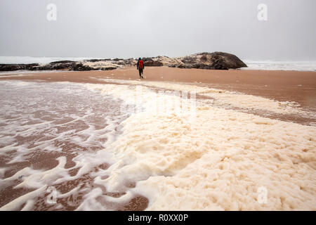 Les randonneurs de spume ou écume de mer d'être soufflé le long de la plage de Sandwood Bay lors de coups de vent, Sutherland, Scotland, UK. Banque D'Images