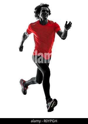 One man pratcticing runner jogger running jogging en silhouette studio isolé sur fond blanc Banque D'Images