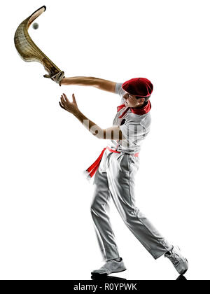 Un caucasian Jai alai pelote basque Cesta Punta player homme isolé sur fond blanc silhouette Banque D'Images