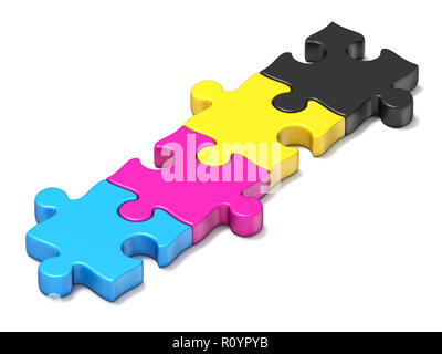 Couleur CMJN ligne puzzle 3D render illustration isolé sur fond blanc Banque D'Images