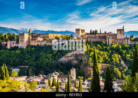 Panorama de l'Alhambra depuis le Mirador de San Nicolas. De gauche à droite : le Palais Nazaries, Palais de Charles V et l'Alcazaba. Ci-dessous, le S Banque D'Images