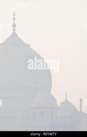 Le magnifique Taj Mahal, merveille du monde et la fierté de l'Inde en hiver matin brume douce avec ses dômes et minarets architecturée parfaitement Banque D'Images