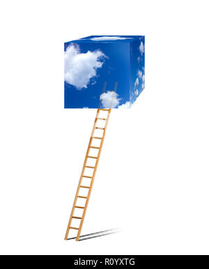 En forme de cube ciel bleu avec des nuages blancs moelleux flottant au-dessus des échelles, sur fond blanc Banque D'Images