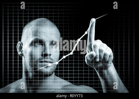 Jeune homme d'affaires en affaires avec un concept graphique. Jeune homme sportif montre avec son index un point de croissance sur un tableau noir sur un background isolés Banque D'Images