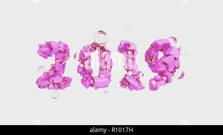 Bonne année 2019 avec bandeau rose tendance Numéro de couleur faite par éclats de pierre fissurée isolé sur fond blanc avec des éclats de verre. abstract 3d illustration Banque D'Images