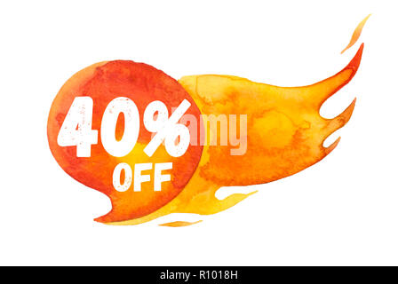 40 % de la vente à l'extérieur le lettrage sur bulle brûlant, aquarelle vente-out sign isolated on white Banque D'Images
