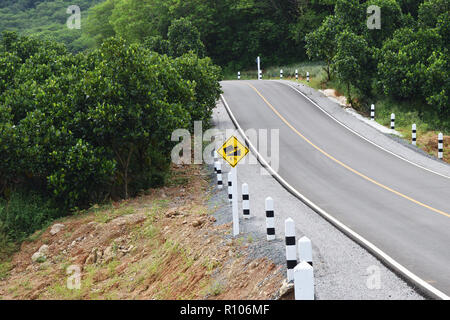 Panneau routier trafic attention jusqu'à hill montée raide (8 %) , route goudronnée dans la forêt remplie d'arbres de montagne en Thaïlande Banque D'Images