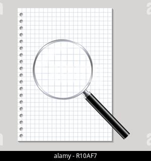 Illustration réaliste d'une loupe avec un bord métallique et une poignée noire avec des reflets et un carré de papier blanc avec espace pour tex Illustration de Vecteur