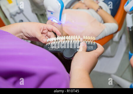 Le choix d'un dentiste dents couleur de la palette de couleur de la dent.L'examen d'une blancheur de dents d'un patient au dentiste.correspondant aux nuances de l'implants ou le processus de blanchiment des dents. Banque D'Images