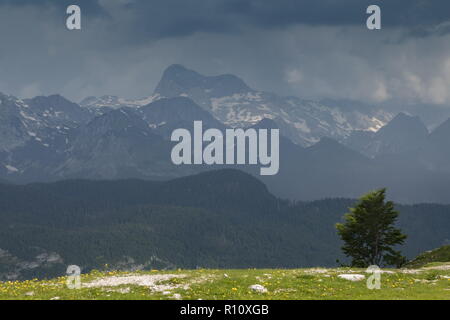 Les Alpes Juliennes en regardant vers le mont Triglav de Vogel sur un jour de tempête. La Slovénie. Banque D'Images