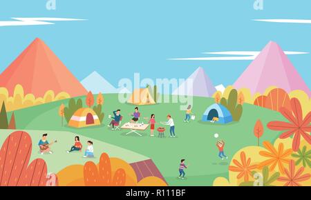 Illustration des activités saisonnières en été et en automne, le camping, le surf, vélo, suivi et ainsi de suite. 001 Illustration de Vecteur