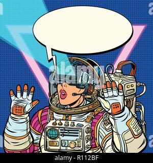 Femme astronaute en réalité virtuelle de lunettes. Les filles 80s Illustration de Vecteur
