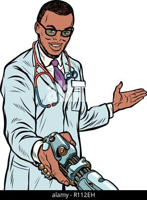 Médecin africain handshake robot, la médecine et les soins de santé. Prosth Illustration de Vecteur