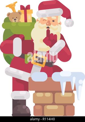 Le Père Noël de monter dans la cheminée avec un sac de cadeaux. Caractère Noël télévision illustration Illustration de Vecteur
