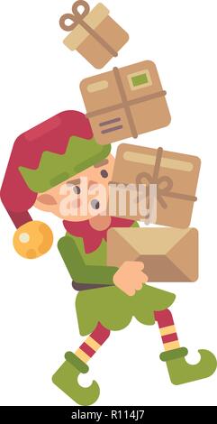 Cute busy lutin de Noël colis transportant avec présente pour les enfants. Maison de vacances télévision caractère illustration Banque D'Images