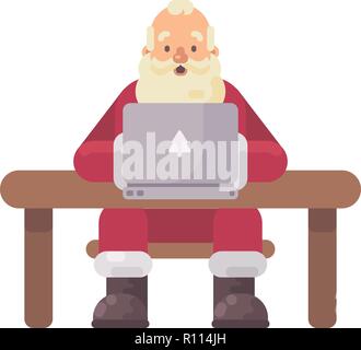 Père Noël assis à son bureau la lecture du courrier sur un ordinateur portable. Caractère Noël télévision illustration Illustration de Vecteur