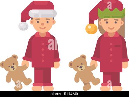 Deux enfants dans les chapeaux de Noël rouge et pajamas holding teddy bears Illustration de Vecteur