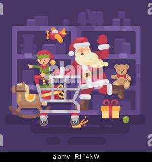 Santa Claus équitation un panier avec son lutin dans un supermarché de jouets. Télévision Noël illustration Banque D'Images