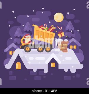 Le Père Noël dans un camion benne jaune sur un toit présente de déchargement de la cheminée d'une très belle gosse. Illustration du caractère de Noël Banque D'Images