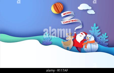 Joyeux Noël design card et le Père Noël, Bonhomme de neige, renne sur fond de ciel bleu. Vector illustration d'art sur papier. Coupe papier et de l'artisanat traditionnel. Illustration de Vecteur
