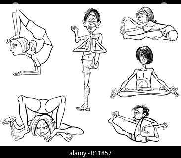 L'humour Cartoon noir et blanc Illustration de personnes pratiquant le Yoga Positions ou Asanas Illustration de Vecteur