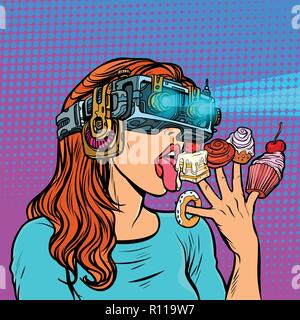 Femme en réalité virtuelle verres manger des douceurs Illustration de Vecteur