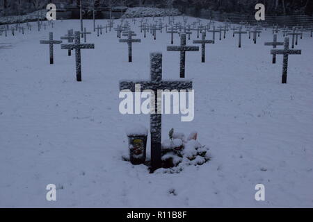 Une pierre tombale ✝ 30.Nov.1944, ornée de fleurs à sa dernière demeure, le plus jeune soldat allemand Siegfried Linke dans ce cimetière allemand ww2 Banque D'Images