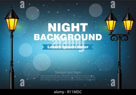 Arrière-plan de nuit vecteur lampes réalistes. Illustration 3d effet de flou Illustration de Vecteur