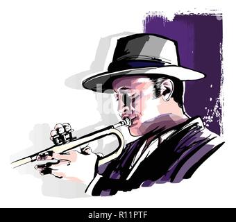 Trumpet player sur grunge fond - vector illustration Illustration de Vecteur