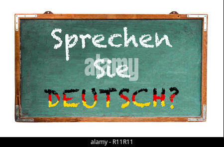 "Sprechen Sie Deutsch ?" (en langue allemande, parlez-vous allemand ?) écrit sur un large green vieux grungy vintage retro en bois tableau ou le tableau noir wi Banque D'Images