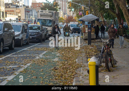 Les feuilles d'automne en attente d'être balayés sur la Huitième Avenue bike lane, dans le quartier de Chelsea, New York le samedi 3 novembre, 2018. (© Richard B. Levine) Banque D'Images