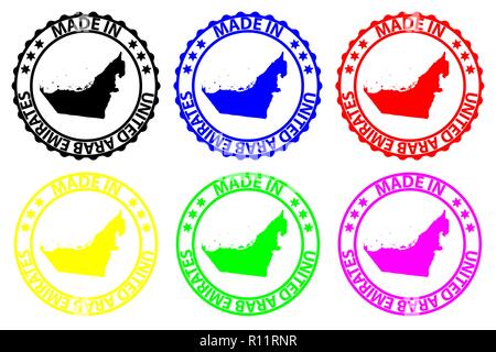 Faites en Émirats Arabes Unis - timbres en caoutchouc - vecteur, Emirats arabes unis (EAU) Carte - noir, bleu, vert, jaune, violet et rouge Illustration de Vecteur