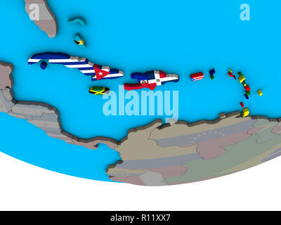 Caraïbes avec des drapeaux nationaux sur la politique simple globe 3D. 3D illustration. Banque D'Images
