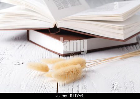 C'est un bon souvenir, un bouquet de lavande et d'herbe sèche et des livres Banque D'Images