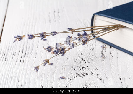 C'est un bon souvenir, un bouquet de lavande et d'herbe sèche et des livres Banque D'Images